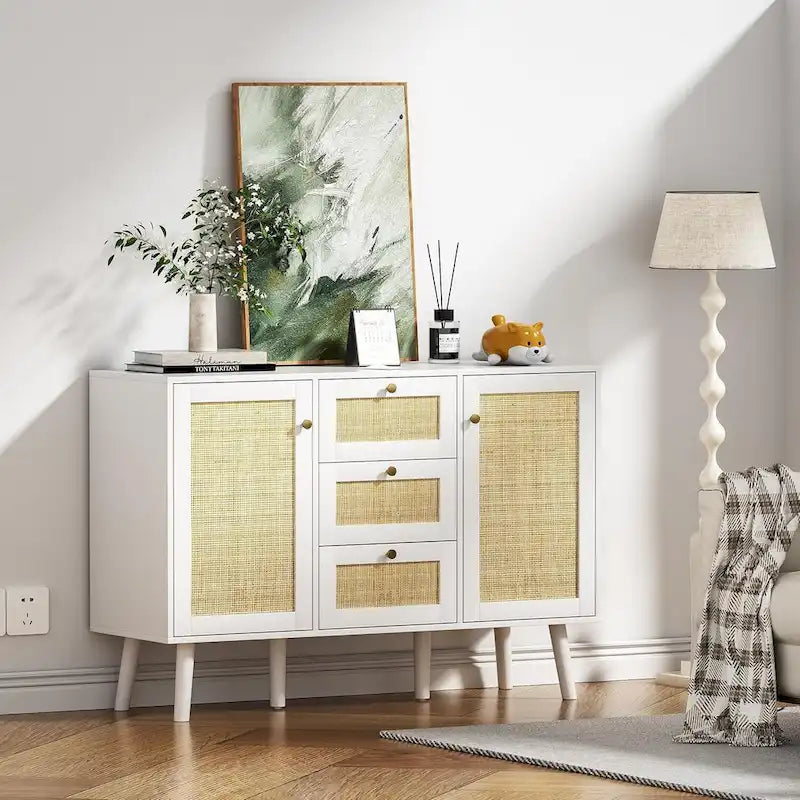 Anmytek Mid-Century Modern 47.2 W 2-Door White Buffet/Sideboard Rattan Storage Accent Cabinet with Drawers