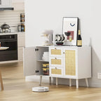Aparador/Móvel de Sala Moderno de Meados do Século 47.2 W com 2 Portas, Branco, Rattan, Armário de Arrumação com Gavetas