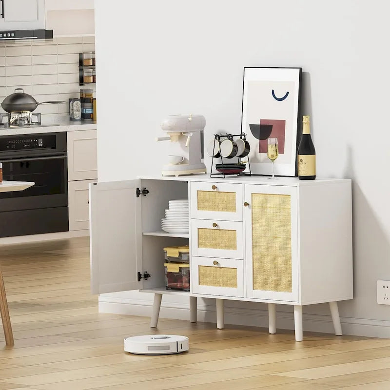 Anmytek Mid-Century Modern 47.2 W 2-Door White Buffet/Sideboard Rattan Storage Accent Cabinet with Drawers