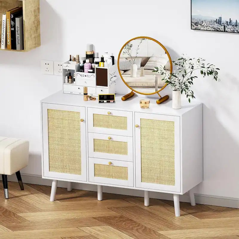Anmytek Mid-Century Modern 47.2 W 2-Door White Buffet/Sideboard Rattan Storage Accent Cabinet with Drawers