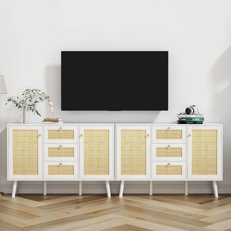 Anmytek Mid-Century Modern 47.2 W 2-Door White Buffet/Sideboard Rattan Storage Accent Cabinet with Drawers