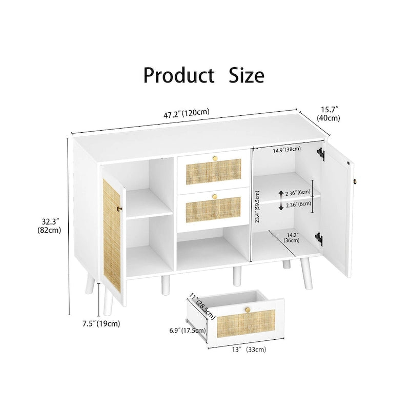 Anmytek Mid-Century Modern 47.2 W 2-Door White Buffet/Sideboard Rattan Storage Accent Cabinet with Drawers