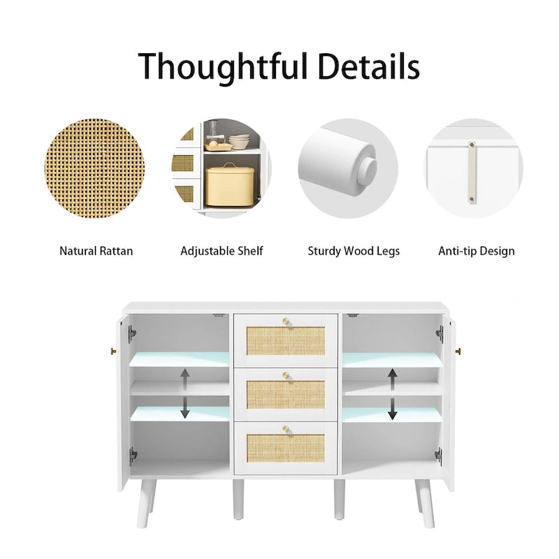Anmytek Mid-Century Modern 47.2 W 2-Door White Buffet/Sideboard Rattan Storage Accent Cabinet with Drawers