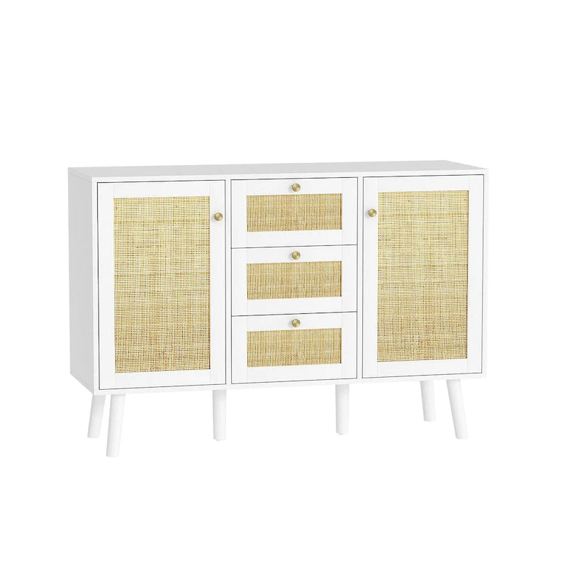 Anmytek Mid-Century Modern 47.2 W 2-Door White Buffet/Sideboard Rattan Storage Accent Cabinet with Drawers