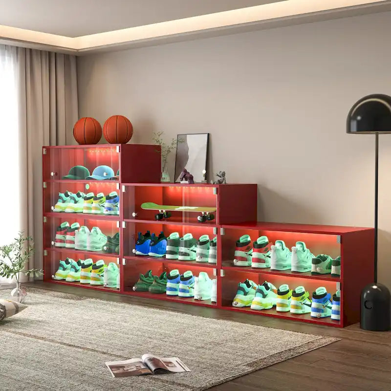 Glass Door Shoe Box Shoe Storage Cabinet For Sneakers With RGB Led Light