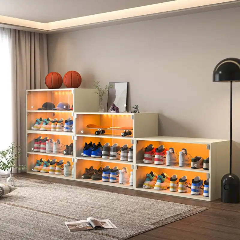 Glass Door Shoe Box Shoe Storage Cabinet For Sneakers With RGB Led Light