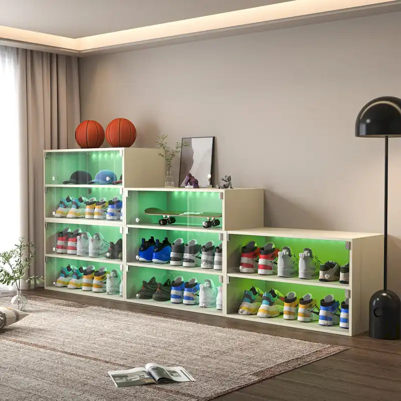 Glass Door Shoe Box Shoe Storage Cabinet For Sneakers With RGB Led Light